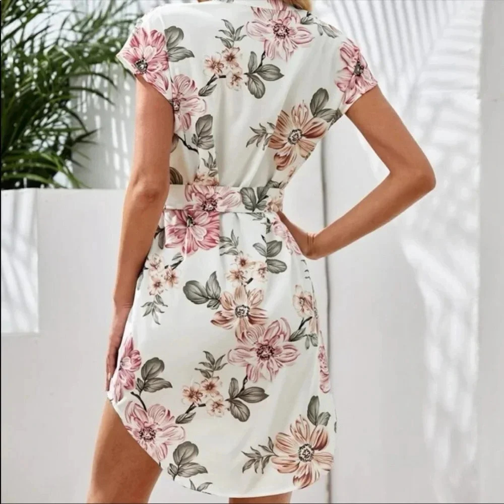 Boho Floral Print Mini Dress — Tie Waist Summer Dress | Sizes S, M, L - Picture 2 of 6